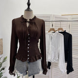 Real Shooting Retro Texture V Tie With Bubble Long Sleeves To Close Waist Folded Shirt Single Buckle Repair Body 23775