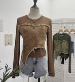 Design Feel Niche Cowboy Splicing Long-Sleeved Mesh T-Shirt Girl Summer Round Collar Dress Short Top 2617