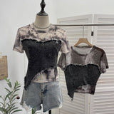 Stylish Denim Splicing Dizzy Mesh Yarn Short-Sleeved T-Shirt Girl Summer Body Short Small Blouse 26171