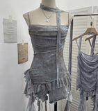 Real Shooting Round Neck Fluttering Dye Printing Irregular Lotus Leaf Side Mesh Slings Slings Sleeveless Top 1218