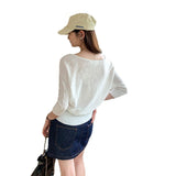 Korean Chic Shoulder-To-Shoulder Cotton V-Neck Sleeve Sunscreen T-Shirt Girl 2025 New Loose Thin Outerwear