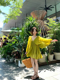 Holiday Style Strapped Back V Collar Long-Sleeved Dress Women Summer French Loose Green Skirt Casual A Short Skirt