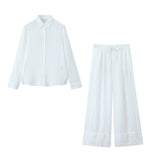 2025 Women's Casual Set Linen-Blend Long-Sleeved Shirt + High-Waisted Straight Trousers 4877078