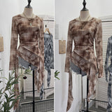 Vintage Print Double-Layer Mesh Long-Sleeved Top Design Feel Irregular Ribbon-Up T-Shirt 99981