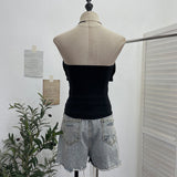 Real-Patting Hottie With Chest Pad Weaving With Bow Mesh Splicing Bra Vest Short Repair Body Dress 9288
