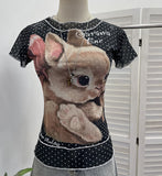 Rabbit Print Wave Point Double-Layer Mesh Yarn Short-Sleeved T-Shirt Girl Summer Hottie Fake Two Thin Tops 1591