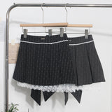 Real Shooting Leg Long Skirt Love Print Splicing Lace A Word 100 Folds Thin Bow Half-Dress Skirt 9339