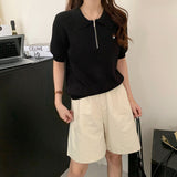 Fashion Embroidered Collar Half Zipper Short-Sleeved Sweater Knitted Women's Spring New Languid Top Casual