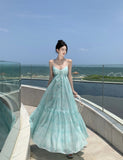 French Temperament Mint Green Hanging Neck Sling Dress Women Summer Sanya Seaside Vacation Show Big Dress