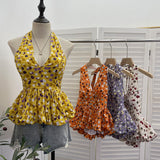 Real Shooting With Chest Pad Crumm Flower Hanging Neck Sling Vest Women's Summer Dress Sexy Deep V Skirt Swing Waist Sleeveless Top 9335