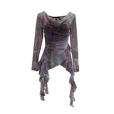 Real Shooting Swing ë·ë· ɴ Mesh Stitching Lace Long Sleeve Bottom Top Irregular Ribbon Design T-Shirt 1322