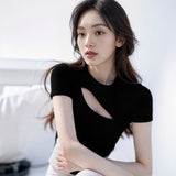 2025 Thai Babes On The Chest Slanted Round Collar Top Women's Summer Short High-Waisted Umbilical Short-Sleeved T-Shirt