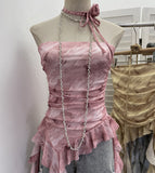 Real Shot Dizzling Mesh With Non-Slip Strip Irregular Lotus Leaf Side Belt Hem Elastic To Apply Chest Vest Woman 8177