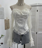 French Retro Pearl Shoulder Lace Lace Top With Bra Cushion Shoulder Long Sleeve Short Shirt 8858
