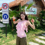 Pink Oblique Shoulder Flower Chiffon Top Female Summer Korean Design Sweet Little Man Multi-Layer Lotus Leaf Side Vest