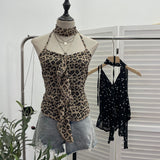 Real Shooting Lotus Side Hanging Neck Leopard Sling Female Summer Hot Waist With Small Vest Short Top 9139