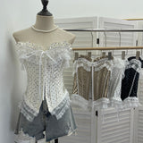 Real Shooting Retro Wave Point Splicing Lace Lace Bra Waist Sexy Short Sleeveless Hook Buckle Top 2825