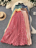 Printed Wave Folding Skirt High Waist Thin Temperament Long Dress Commuter Lattice Half Skirt A-Dress Skirt