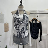 Real Shooting Hottie Letter Print Mesh Collar Splicing Neck One-Word Shoulder Long-Sleeved T-Shirt Short Top 2780