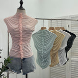 Drilling Sleeveless Vest Wearing Half-High Neck Net Yarn Slime Folded T-Shirt Blouse Female 2589