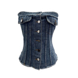 Vintage Water Wash Denim Breasts A Word Shoulder Button Open Shirt Vest To Take Sleeveless Top Lady 617