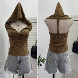Wasteland Wind Retro Hooded Sling Vest Hole To Make Old Kinesy Low-Chests Hottie Sleeveless Top 9620