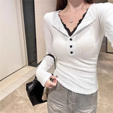 Temperament Fake Two Lace Lace V-Neck T-Shirt Girl Spring And Autumn 2026 New Pure Desire To Put On The Bottom Shirt Top