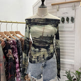 Vintage Graffiti-Printed Shoulder-Threin Mesh Long-Sleeved Blouse Side Drawstring Tethered With Slime T-Shirt 8959