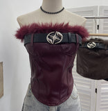 Real Shooting Millennium Babes Hair Splicing Pu Leather Belt Brae Waistcoat With Chest Cushions With Short Shirt 1351