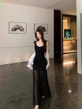 Design Sense Mesh Splicing Sling Dress Women's Summer Niche Temperament Waist Dress Gentle Style Black Dress