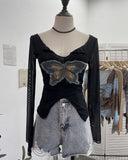 Real Shooting Pure Sexful V-Neck Umbilly T-Shirt Female Hairy Denim Butterfly Embroidered Mesh Yarn Long Sleeve Top 9996
