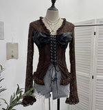 Real Shooting V Tie With Retro 2025 New Hottie Sexy Lace Splicing Pu Leather Hollow Shirt Top 6108
