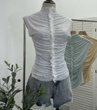 Drilling Sleeveless Vest Wearing Half-High Neck Net Yarn Slime Folded T-Shirt Blouse Female 2589