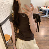 French Unique Beautiful Bow Tie With Slanted Shoulder Short-Sleeved T-Shirt For Women 2025 New Dress-Up Short Top