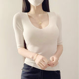 Pure Desire V Collar To The Five-Sleeved Knitted Shirt Han Han Beautiful Beautiful Bottoming Shirt Early Spring Temperament Blouse