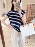 25 Spring And Summer Round Collar Color Classic Striped Short-Sleeved Women's T-Shirt Loose Thin Bottom Knitted Shirt Shirt Top