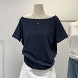 The Star With The Same Oblique Shoulder Shoulder Two Loose Short-Sleeved T-Shirts Women's Summer Thin Thin Blouse