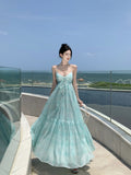 French Temperament Mint Green Hanging Neck Sling Dress Women Summer Sanya Seaside Vacation Show Big Dress