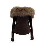 Real Shot Shoulder Hair Collar Long-Sleeved T-Shirt Women Autumn And Winter Retro Hair-Wearing Shirt 13681