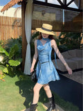 Design Sense Blue Oblique Shoulder Dress Women Autumn 2026 New Waist High Temperament Irregular A Short Skirt