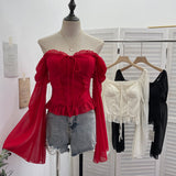Real Shot Bow Strap Design Sense Shoulder Long Sleeve Chopped Sleeves Wreavage Horn Cuffed Chest Cushion Top 9639