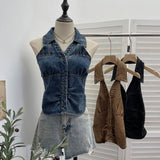 Hanging Neck V-Neck Single Buckle Denim Vest Repair Behind The Back Tight To Take A Short Sleeveless Top Lady 830
