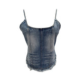 Summer Babes Cowboy Sling Vest Women's Hot Diamond Brush Wash Water Short Umbilized Sleeveless Top 658