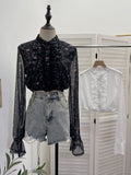 Short-Term Umbilled Flower Long-Sleeved Shirt Spliced Lace Lotus Side Single Row Buckle Chiffon Shirt 23810