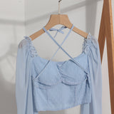 Fang Collar Leak Collar Collar Collar Short Shirt 2025 Spring Dress New Lantern Long-Sleeved Tie With Hanging Neck Shirt Women's Top 8876