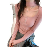 Sweet And Spicy Short-Sleeved T-Shirt Girl Autumn And Winter Repair Hob Hanging Neck Pure Want Plus Velvet Knitting Shirt Bottom Inside The Top
