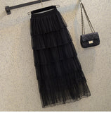 Net Yarn Skirt Mid-Length Women 2025 New Autumn And Winter Super Fairy Layer Cake Skirt White Long Skirt Over The Knee Dress
