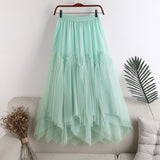 2025 New High-Rise Thin Long Irregular Double Mesh Splicing Half-Dress Female Pong Skirt Dress Dress