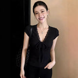 Black Lace V-Neck Short-Sleeved T-Shirt For Girls Summer New Sweet Hottie Beautiful Short Blouse