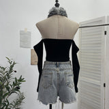 Real-Patrowing High-Necked Sexy Leopard-Print Hair Spliced Hanging Neck Long-Sleeved T-Shirt Repair Short Top 28111